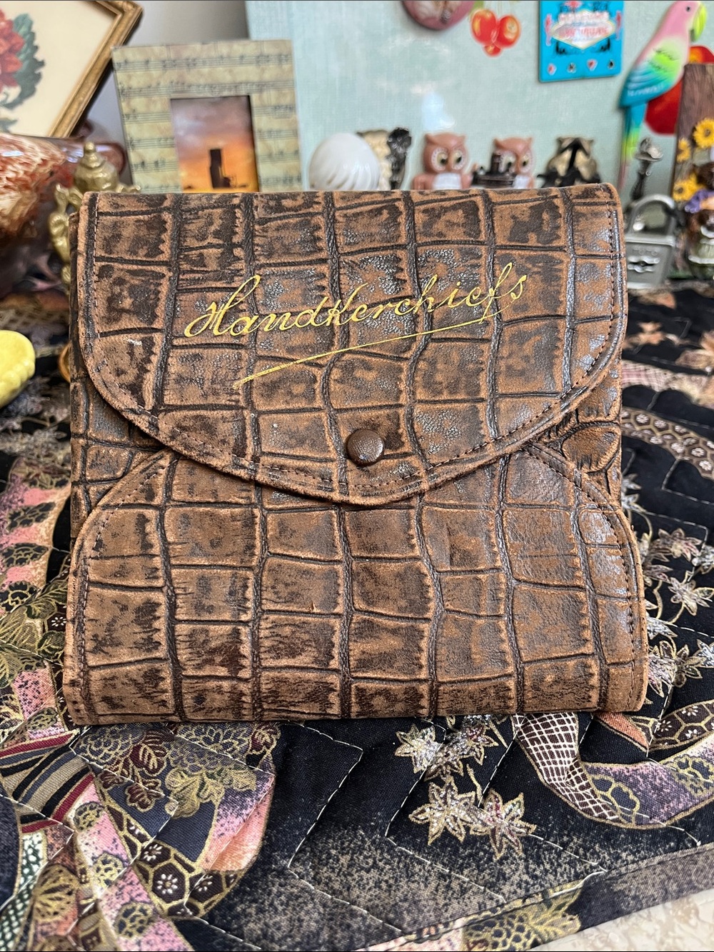 Vintage Handkerchief Holder Faux Alligator Travel Case Snap Closure Brown Retro